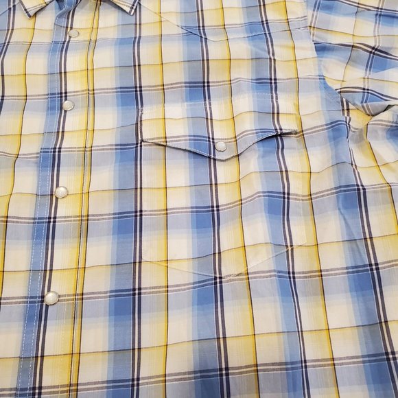 Wrangler Button Up Shirt Men's Large Pearl Snap Western Rodeo Cowboy Blue Yellow - Picture 3 of 7